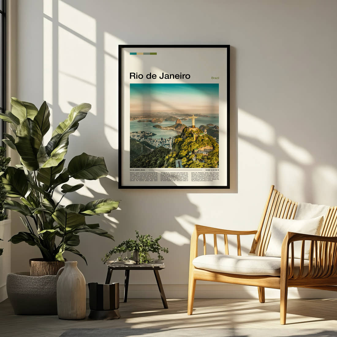 Rio De Janeiro Christ The Redeemer Travel Print framed on a pale wall beside houseplants