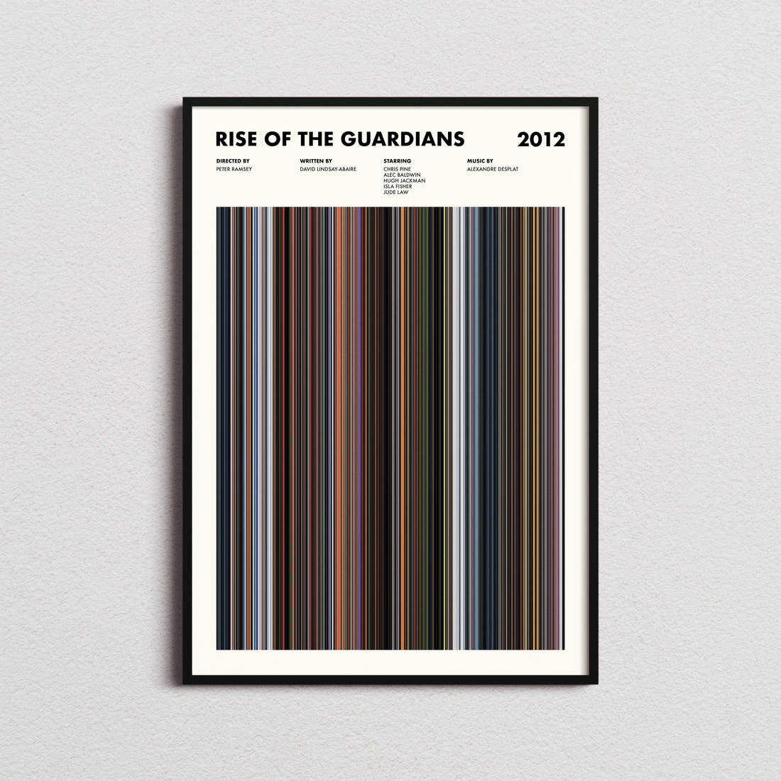 Rise of the Guardians Movie Barcode Poster framed on a plain studio wall