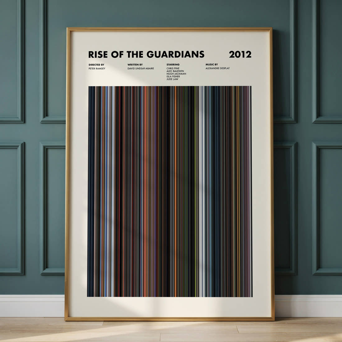 Rise of the Guardians Movie Barcode Poster framed and leaning against a panelled wall