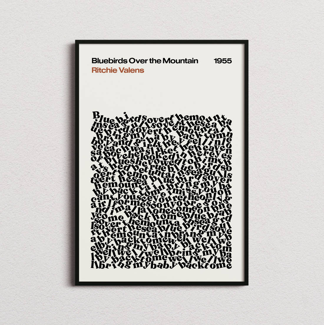 Ritchie Valens Bluebirds Over the Mountain Lyric Print in the cream colourway, framed