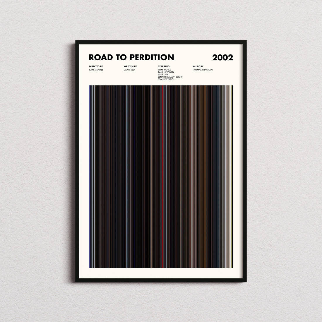 Road To Perdition Movie Barcode Poster framed on a plain studio wall
