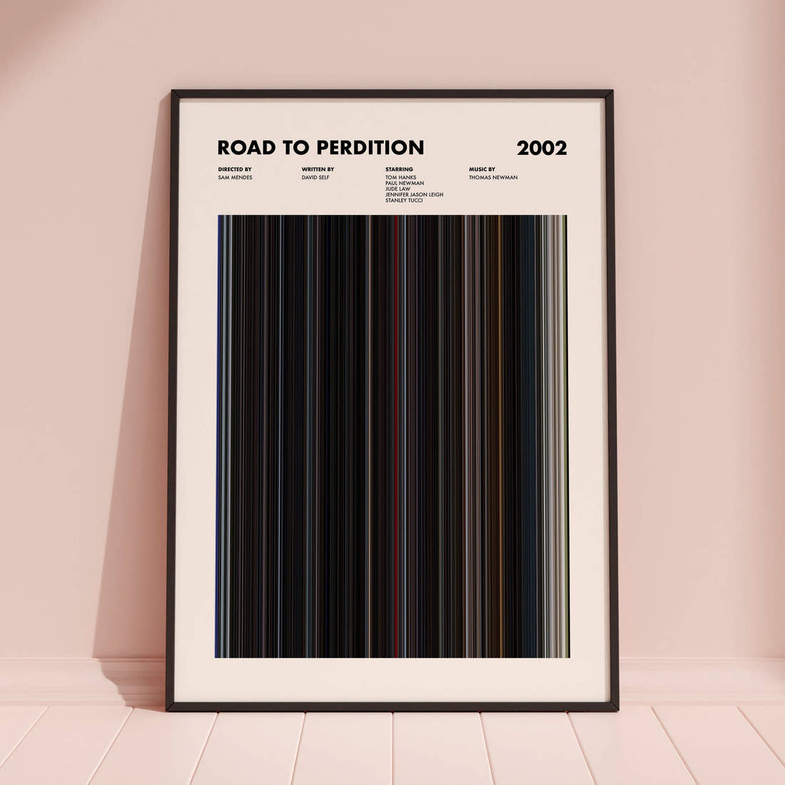 Road To Perdition Movie Barcode Poster framed and leaning against a coloured wall