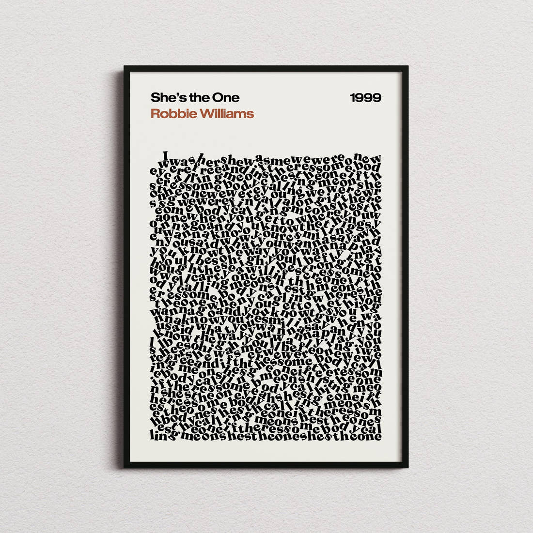 Robbie Williams She's the One Lyric Print in the cream colourway, framed