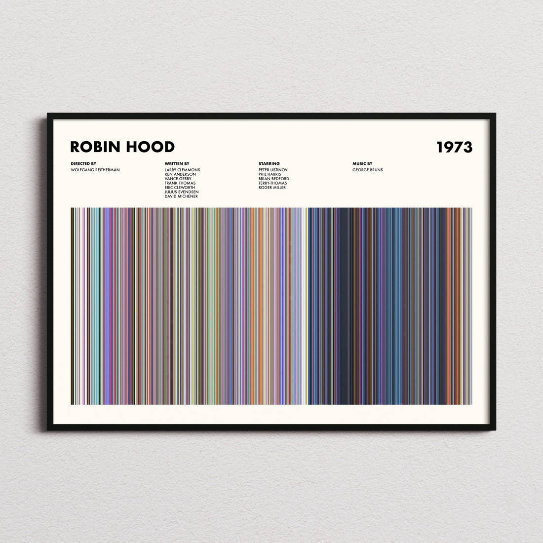 Robin Hood Movie Barcode Poster framed and photographed straight on