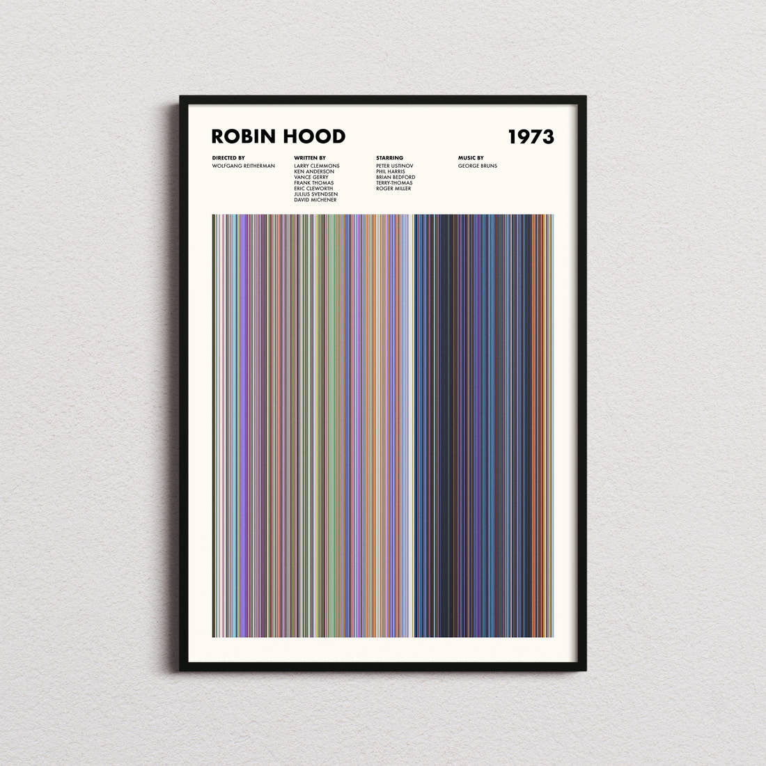 Robin Hood Movie Barcode Poster framed on a plain studio wall