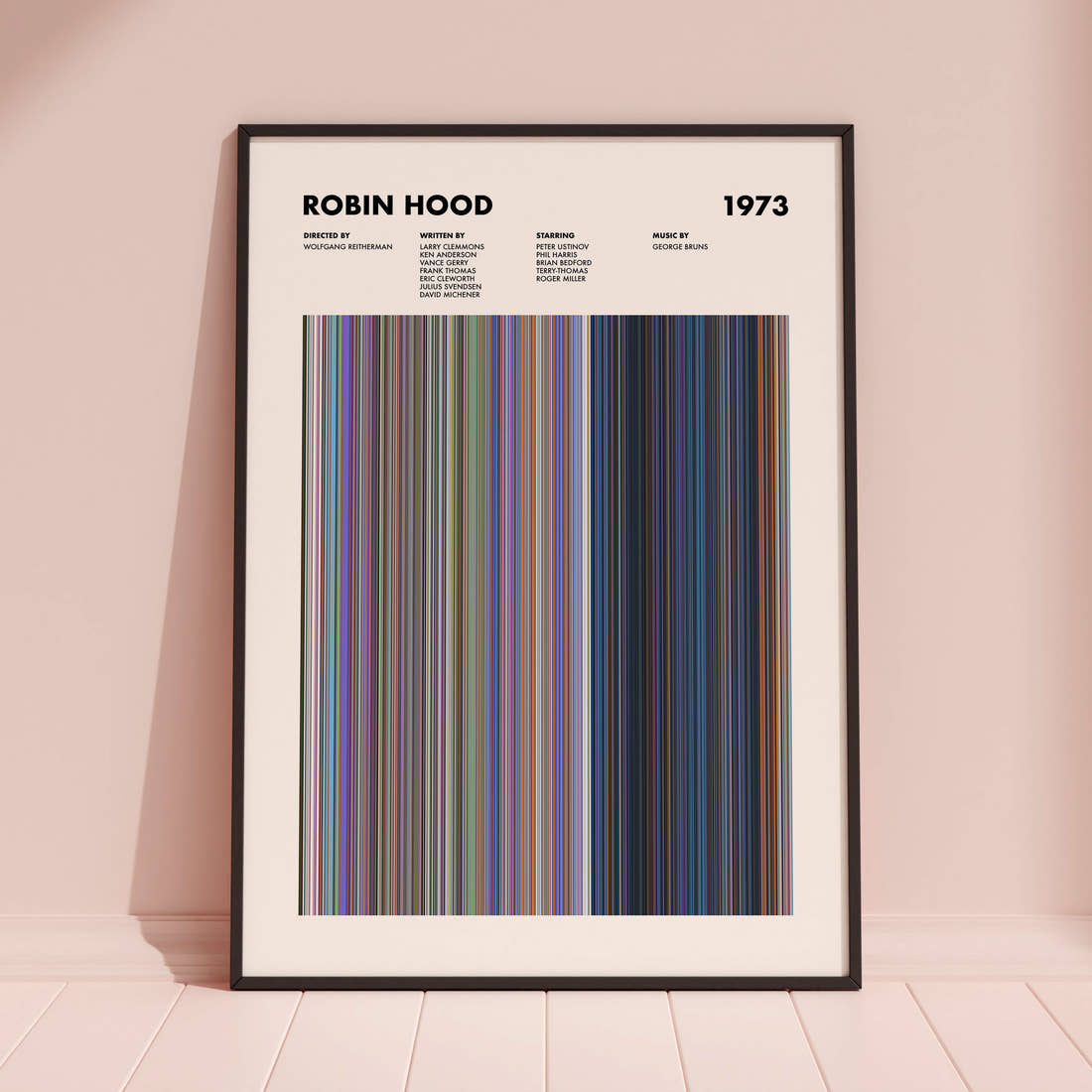 Robin Hood Movie Barcode Poster framed and leaning against a coloured wall