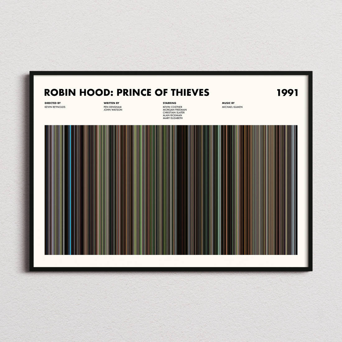 Robin Hood: Prince of Thieves Movie Barcode Poster framed and photographed straight on