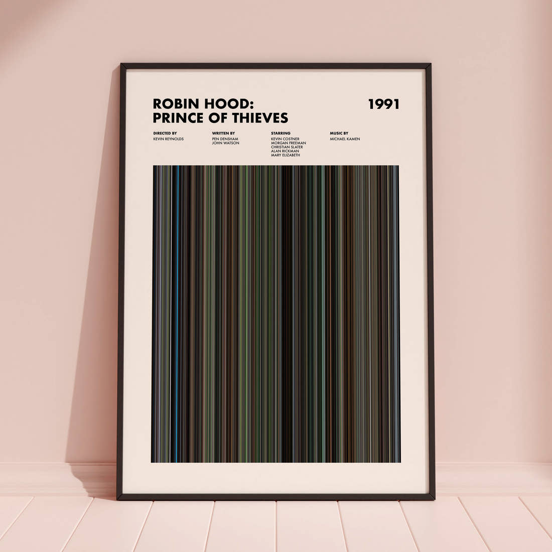 Robin Hood: Prince of Thieves Movie Barcode Poster framed and leaning against a coloured wall