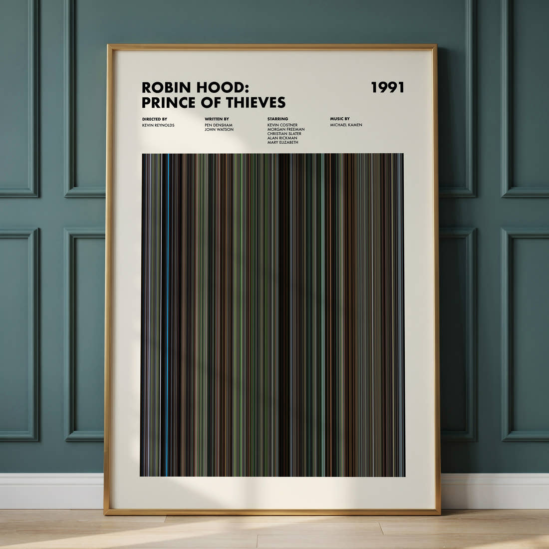 Robin Hood: Prince of Thieves Movie Barcode Poster framed and leaning against a panelled wall