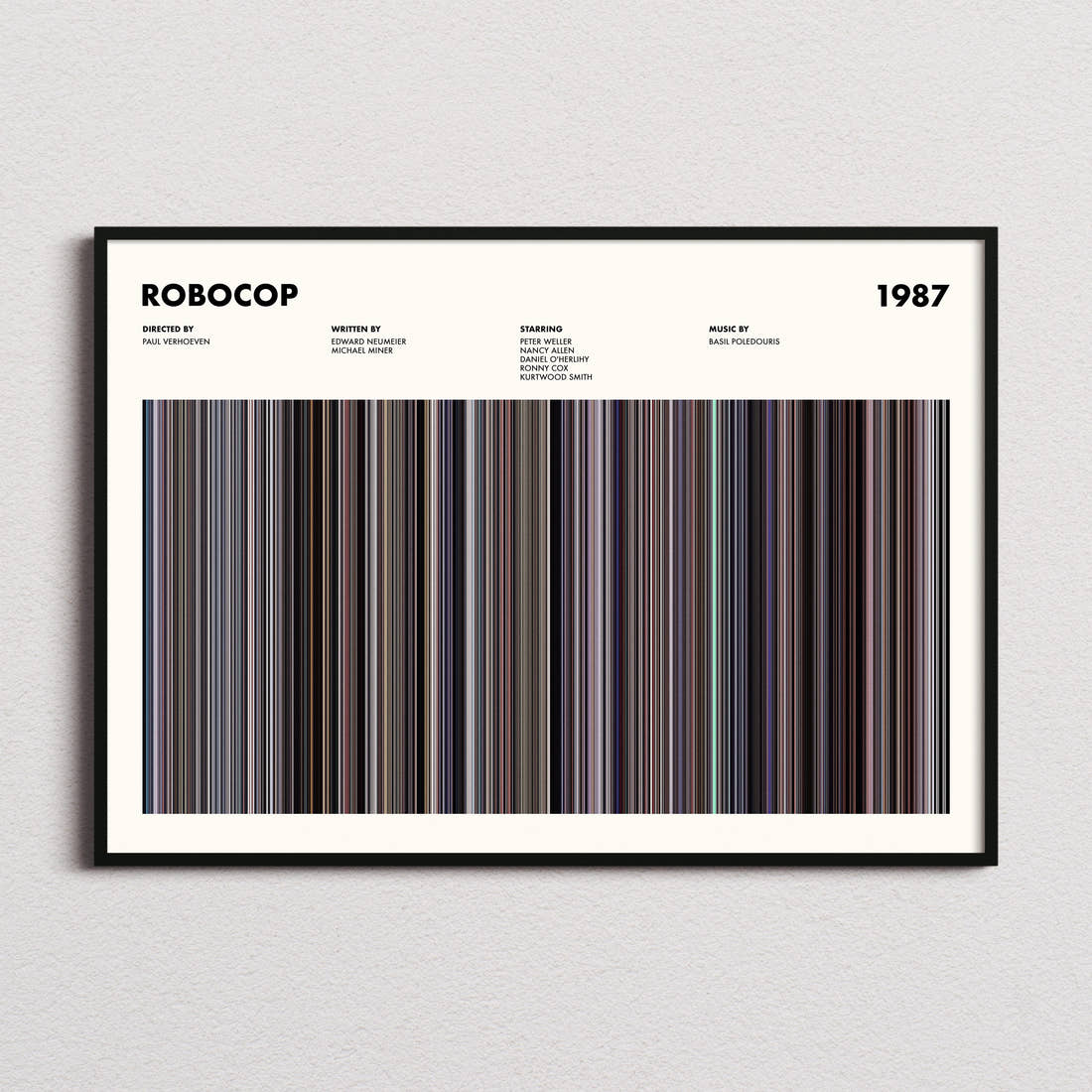 Robocop 1987 Movie Barcode Poster framed and photographed straight on