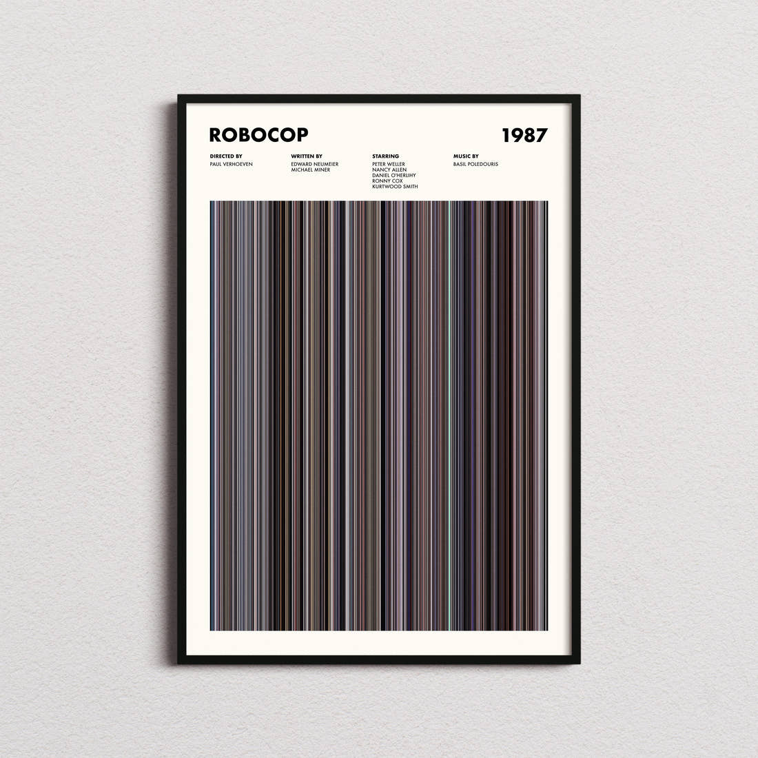 Robocop 1987 Movie Barcode Poster framed on a plain studio wall