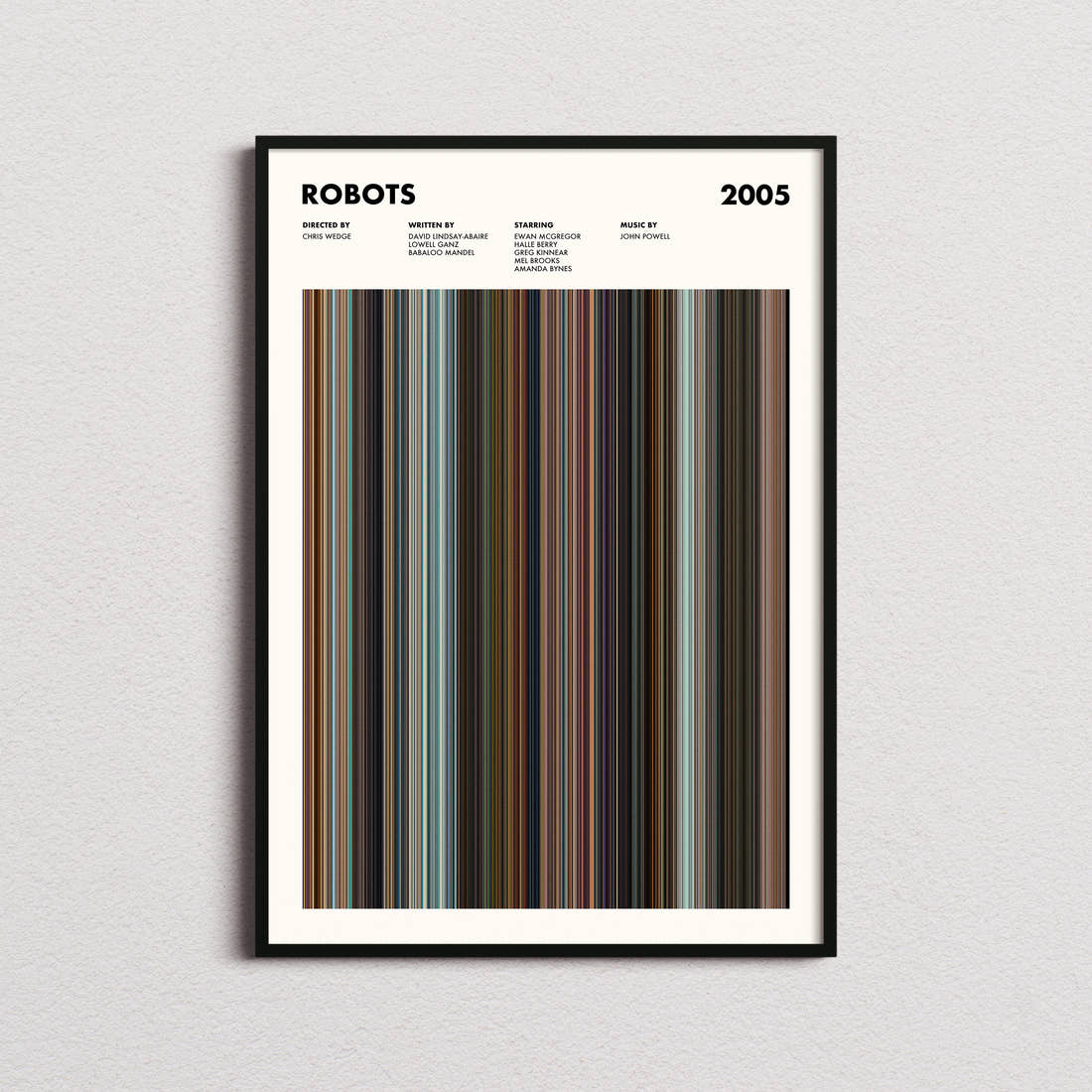 Robots 2005 Movie Barcode Poster framed on a plain studio wall