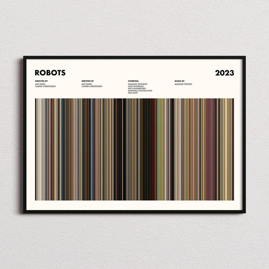 Robots 2023 Movie Barcode Poster framed and photographed straight on