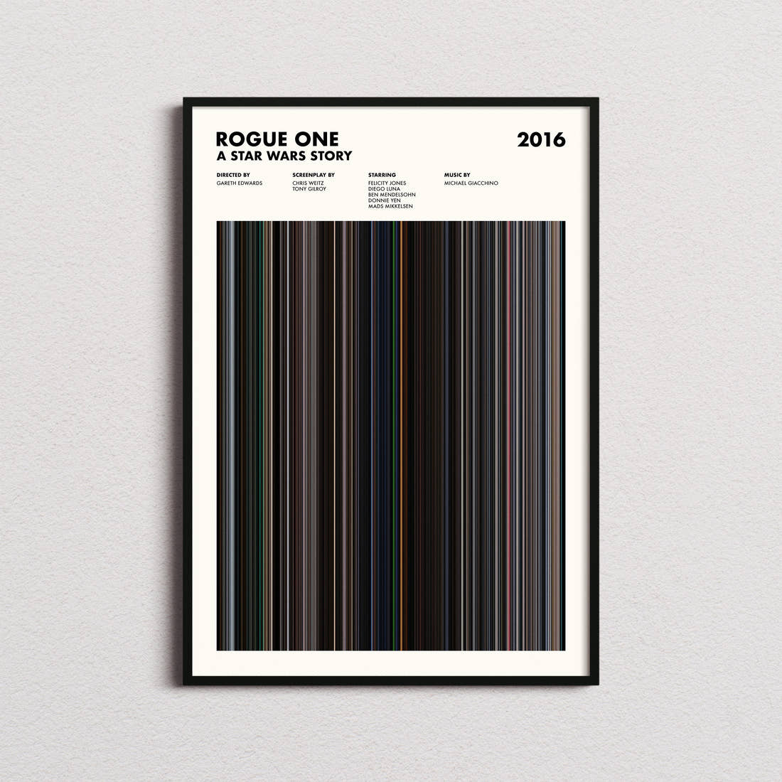 Rogue One: A Star Wars Story Movie Barcode Poster framed on a plain studio wall