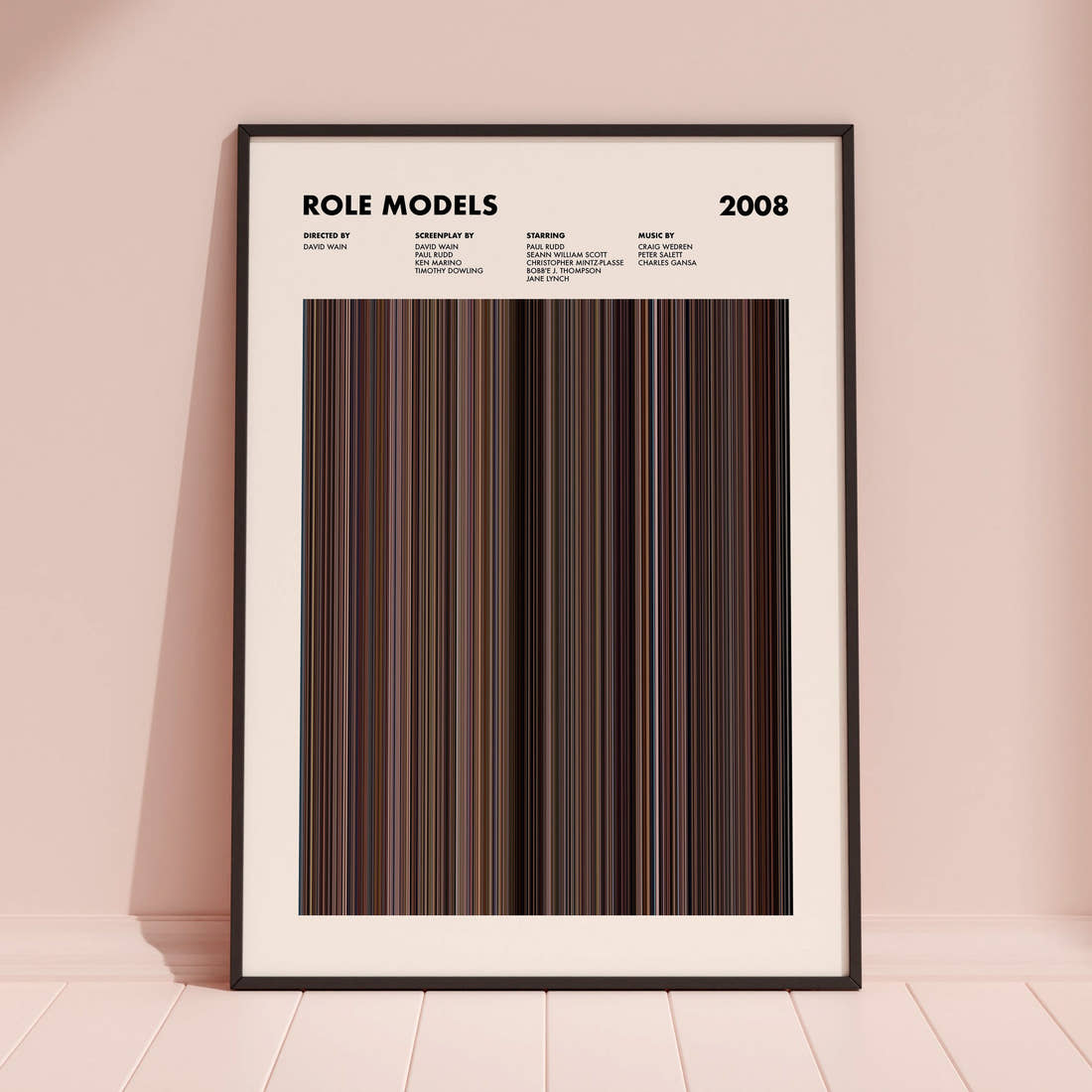 Role Models Movie Barcode Poster framed and leaning against a coloured wall