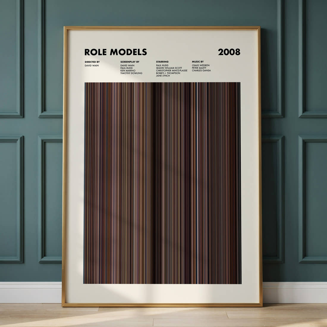 Role Models Movie Barcode Poster framed and leaning against a panelled wall