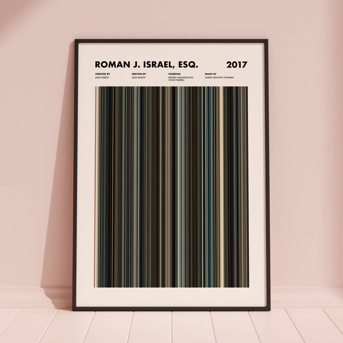 Roman J. Israel, Esq. Movie Barcode Poster framed and leaning against a coloured wall