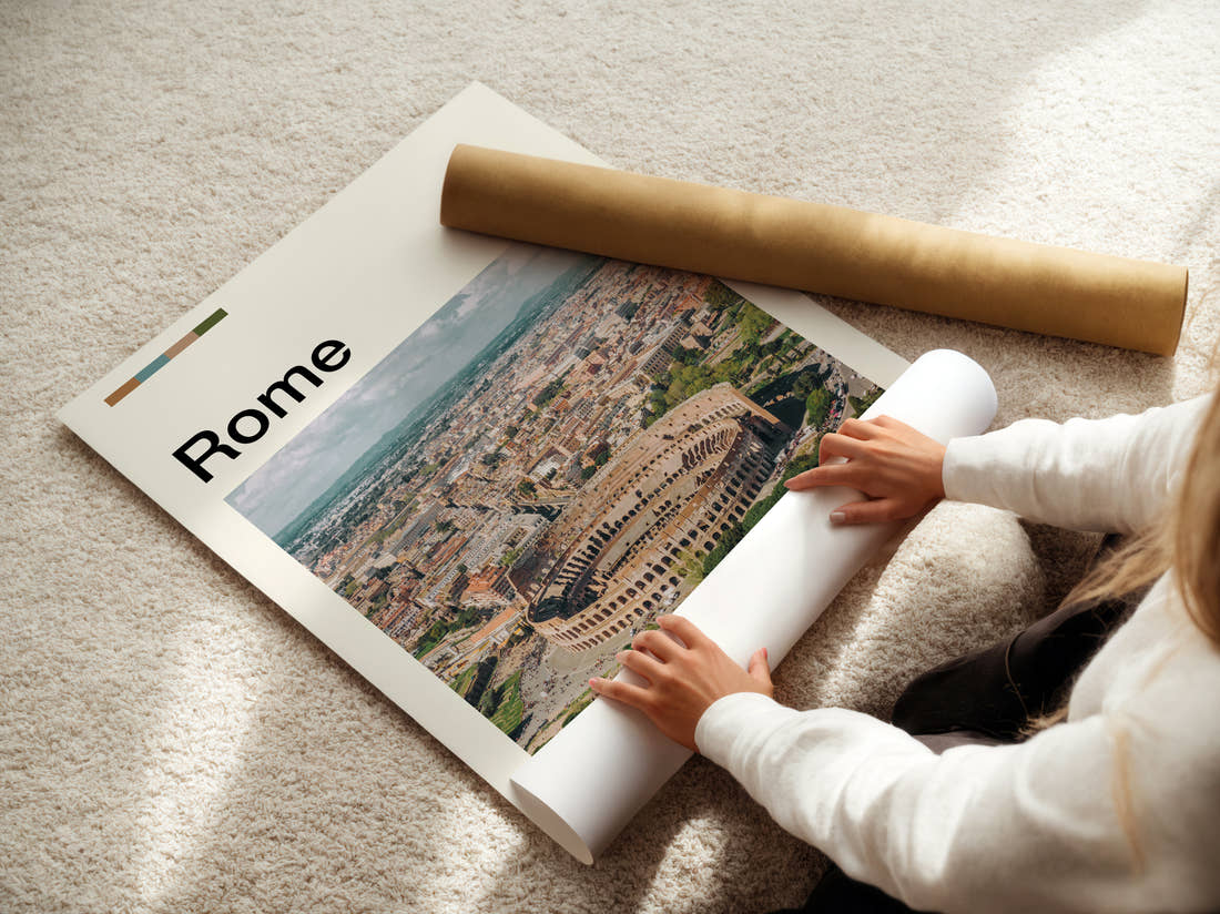 Rome Colosseum Travel Print being unrolled from its postal tube