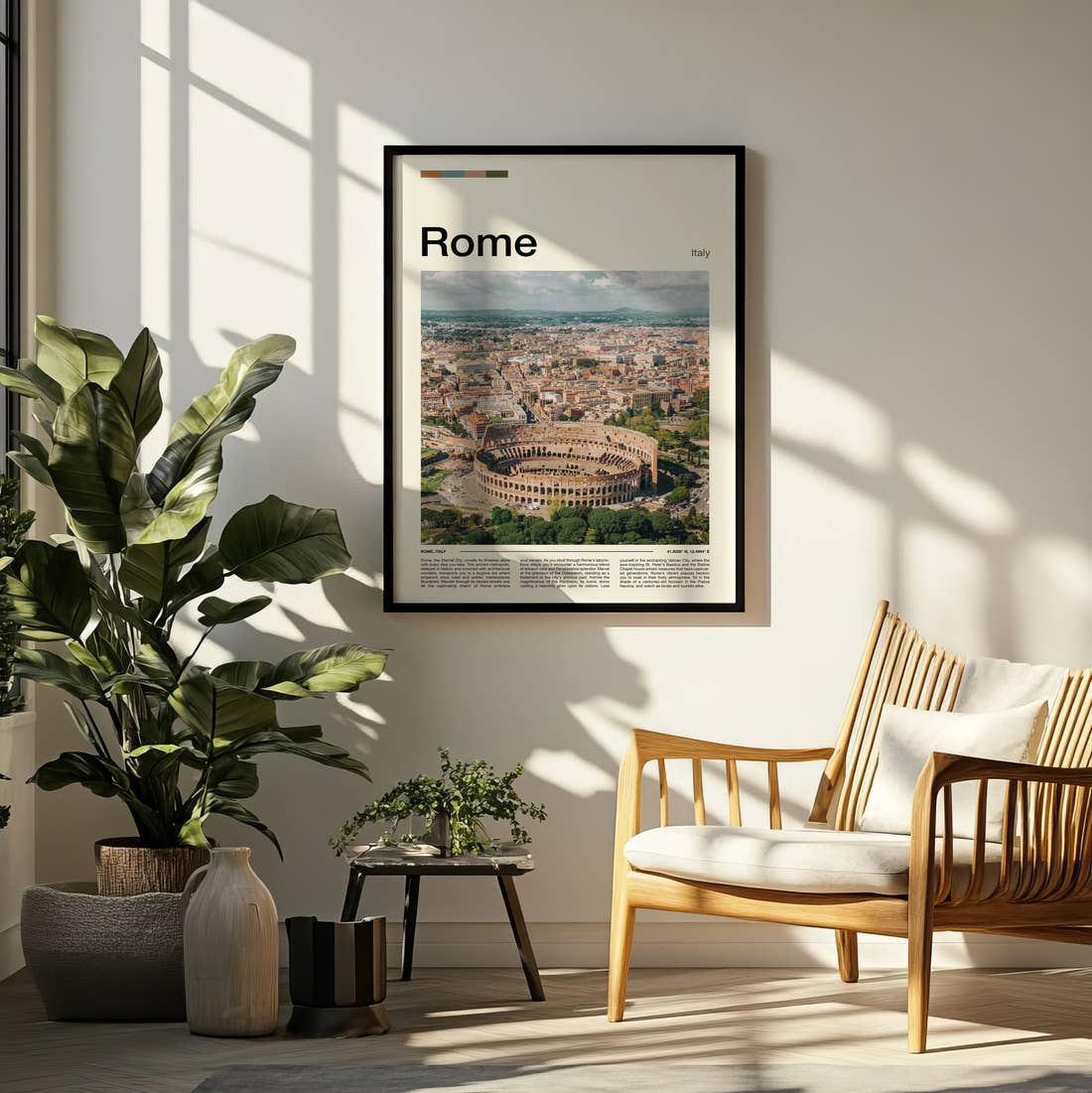 Rome Colosseum Travel Print framed on a pale wall beside houseplants
