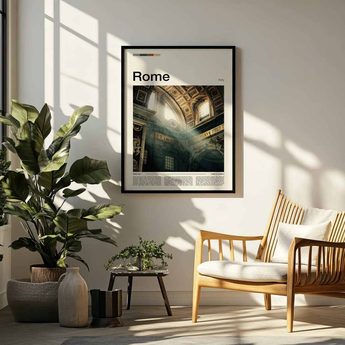 Rome St Peter's Basilica Interior Travel Print framed on a pale wall beside houseplants