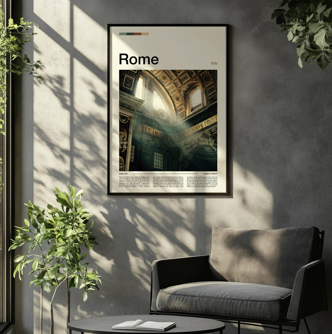 Rome St Peter's Basilica Interior Travel Print framed on the wall of a relaxed living room