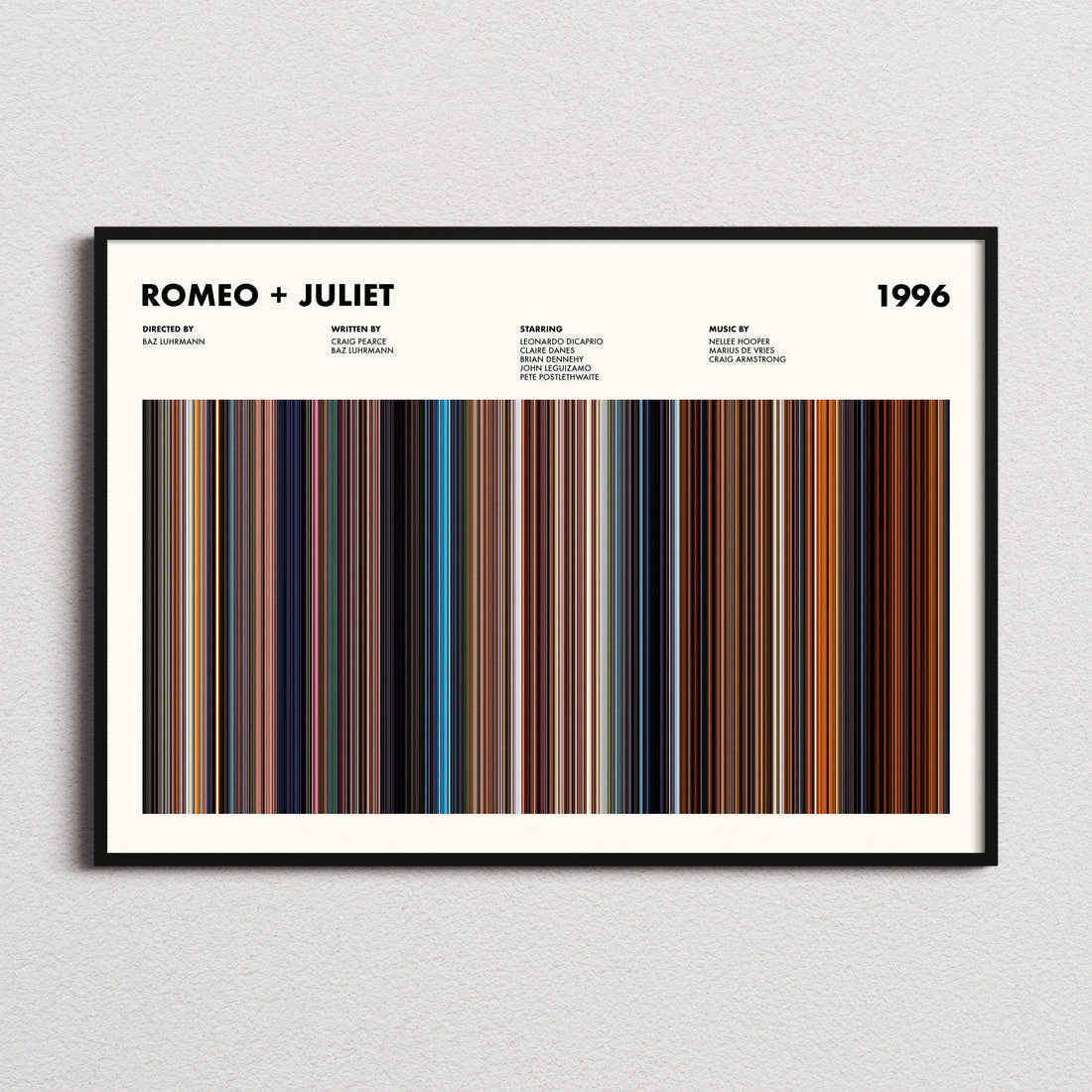 Romeo + Juliet Movie Barcode Poster framed and photographed straight on