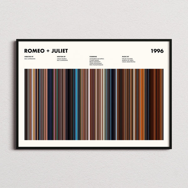 Romeo + Juliet Movie Barcode Poster framed and photographed straight on