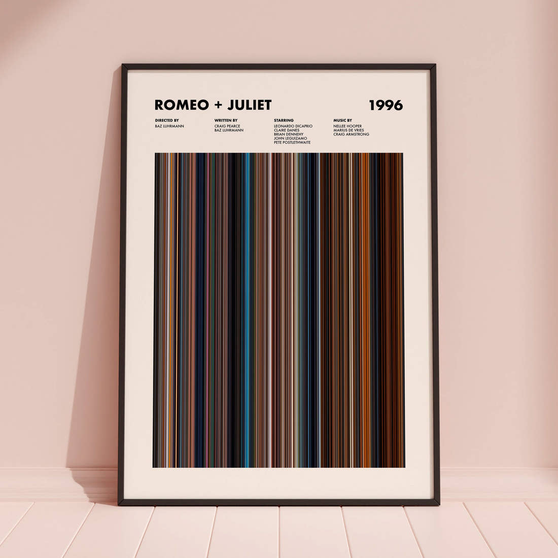 Romeo + Juliet Movie Barcode Poster framed and leaning against a coloured wall