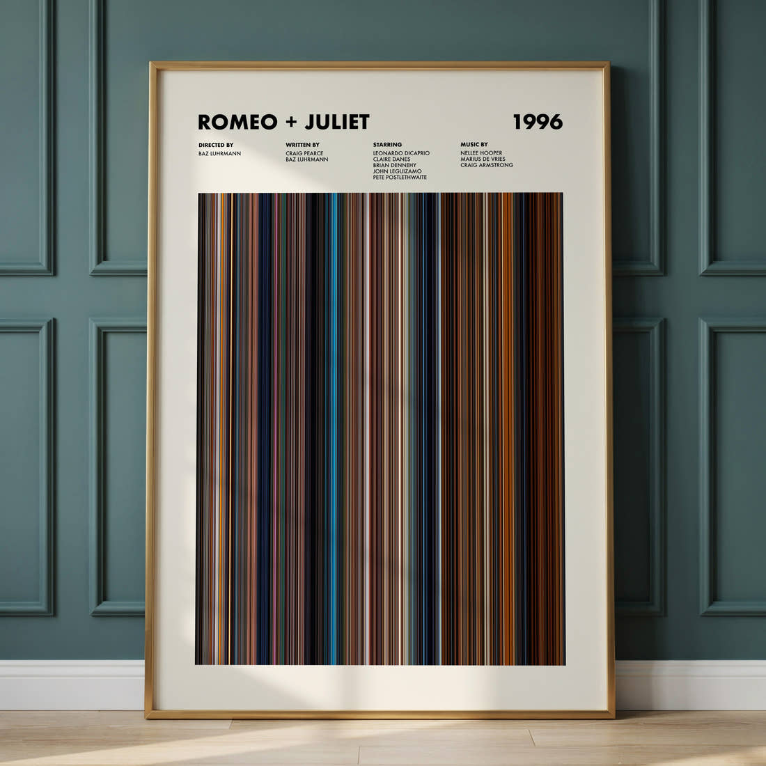 Romeo + Juliet Movie Barcode Poster framed and leaning against a panelled wall