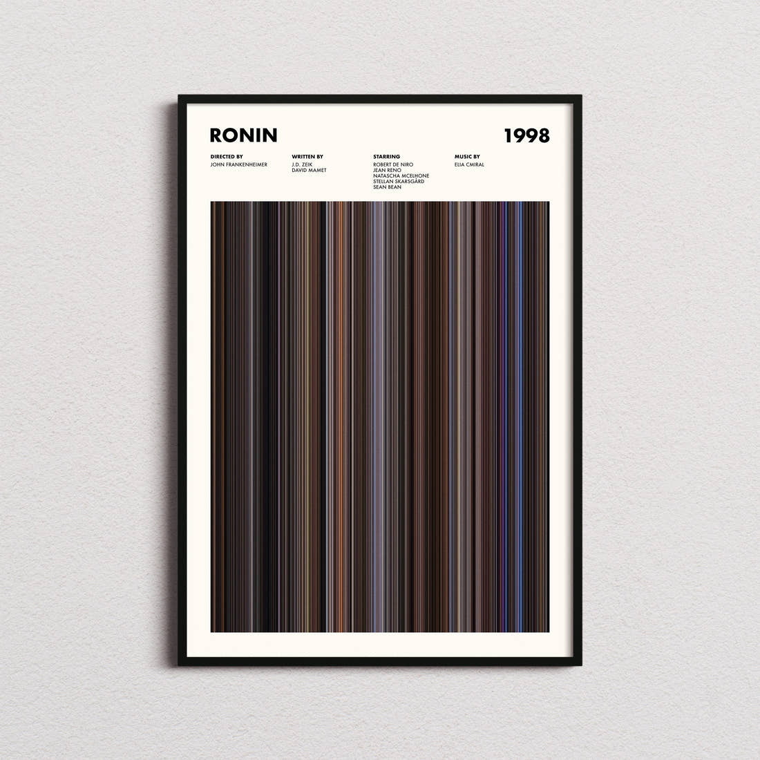Ronin Movie Barcode Poster framed on a plain studio wall