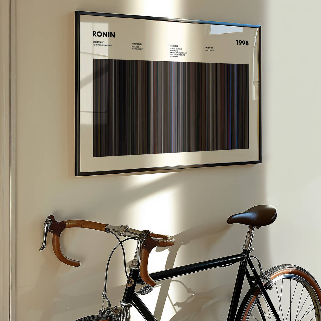 Ronin Movie Barcode Poster framed on the wall of a styled room setting