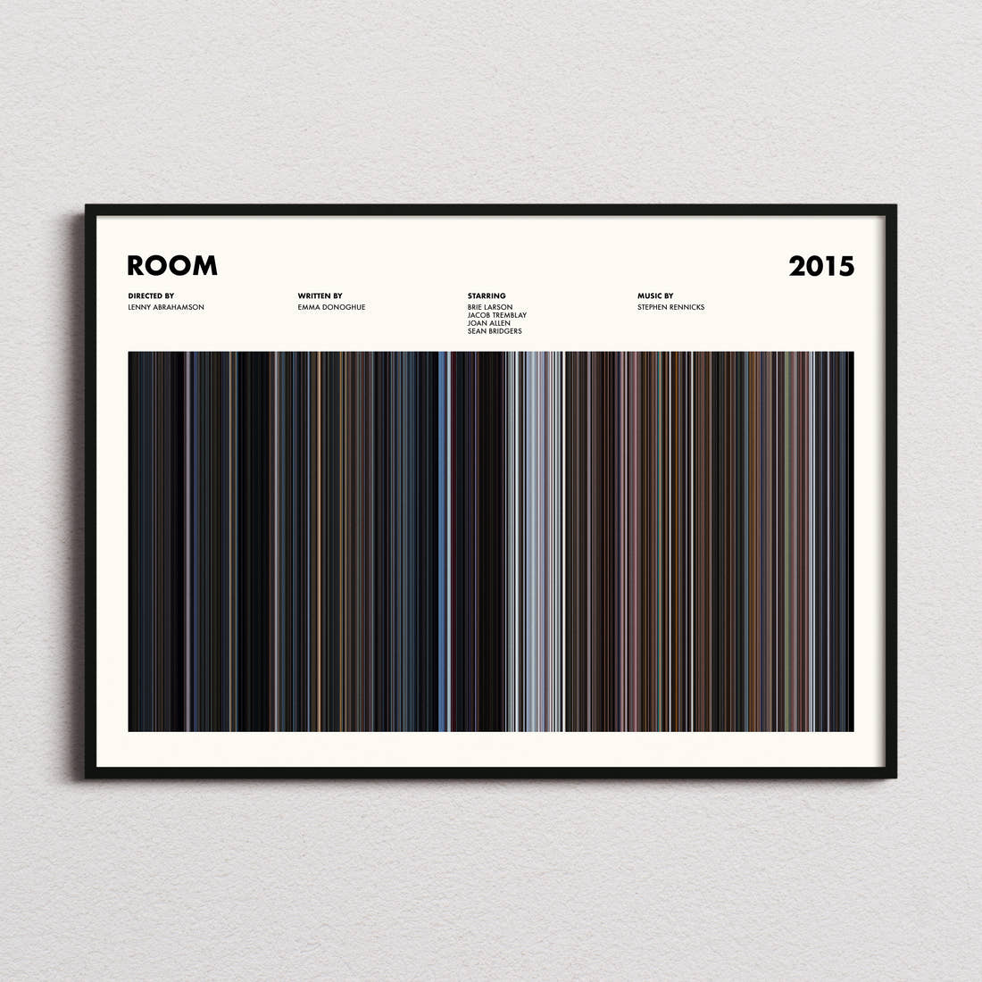 Room Movie Barcode Poster framed and photographed straight on