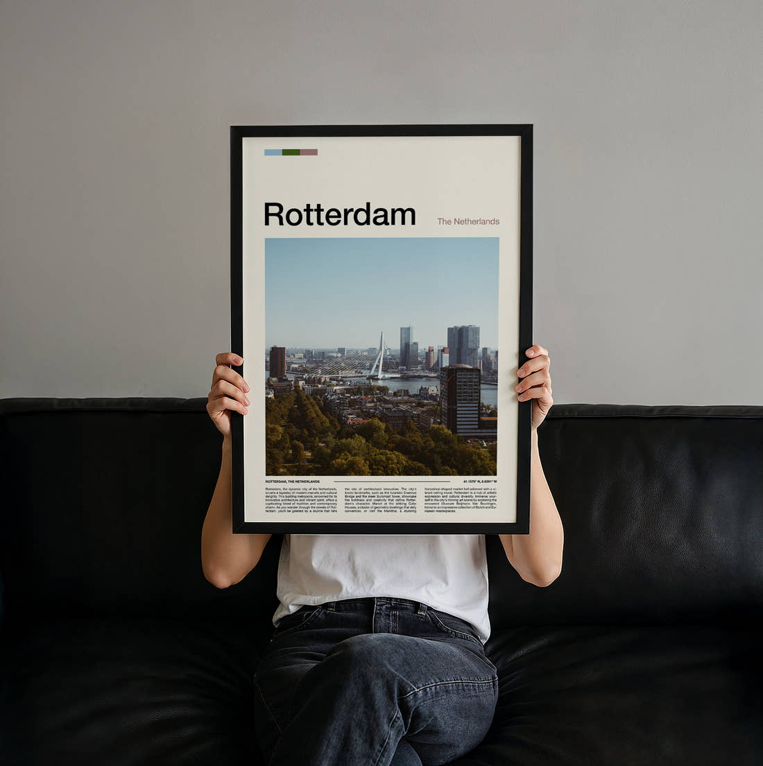 Rotterdam City Skyline Travel Print held up by hand to show the size of the print