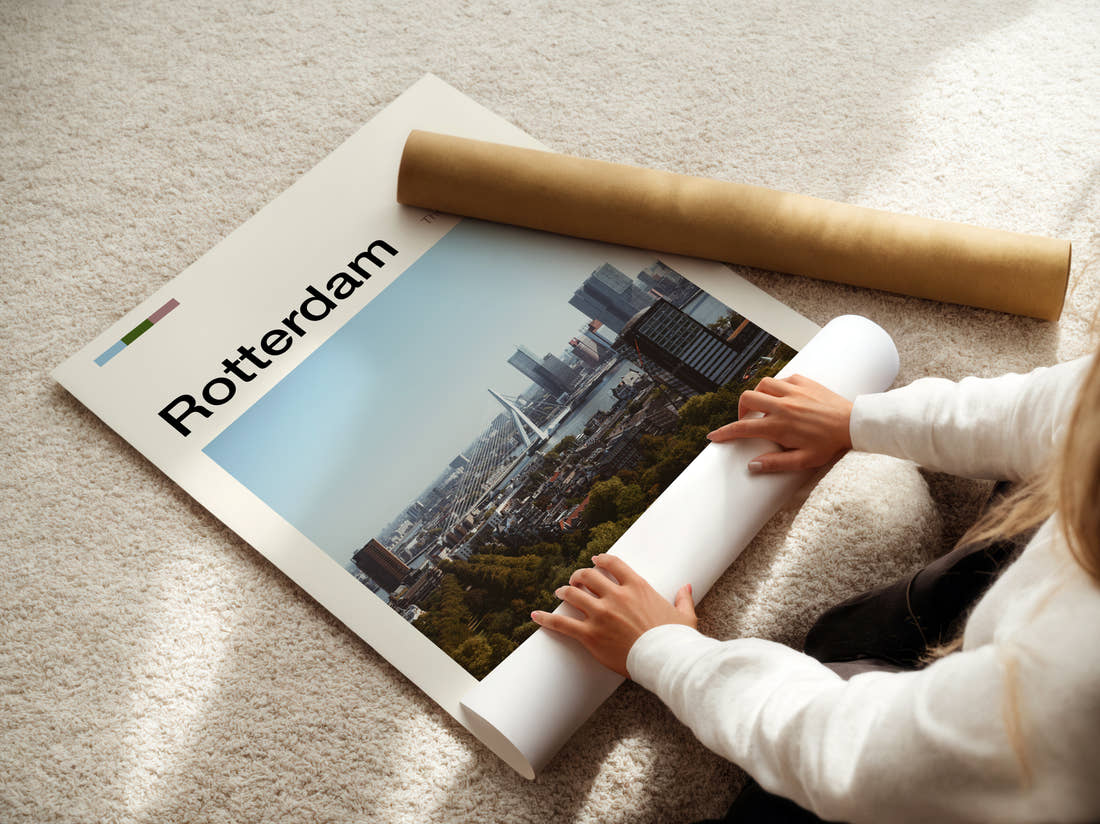Rotterdam City Skyline Travel Print being unrolled from its postal tube