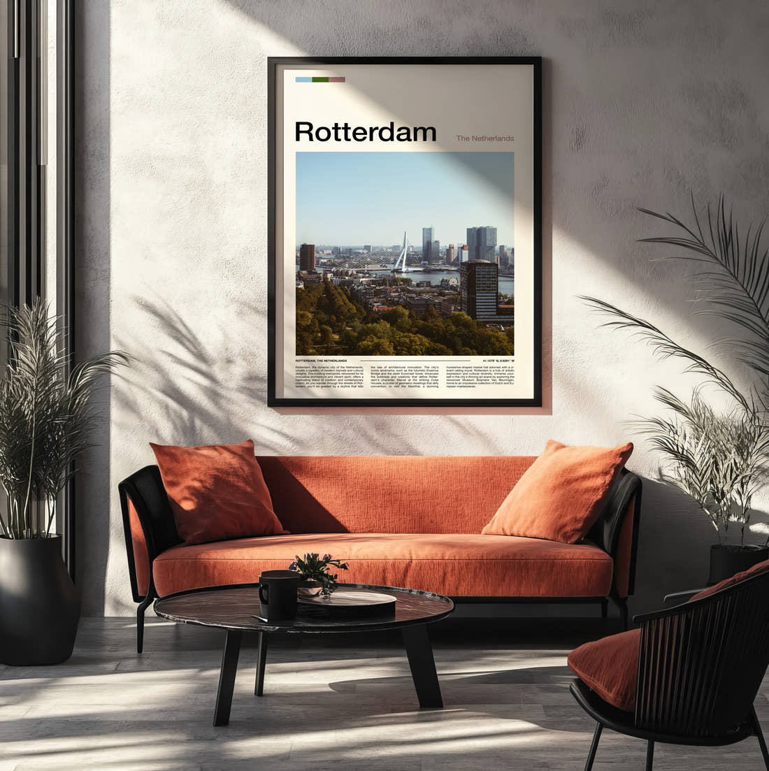 Rotterdam City Skyline Travel Print framed on the wall of a modern living room