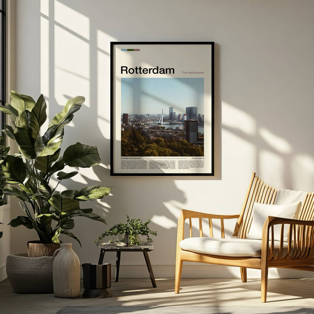 Rotterdam City Skyline Travel Print framed on a pale wall beside houseplants
