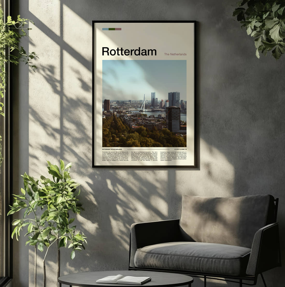 Rotterdam City Skyline Travel Print framed on the wall of a relaxed living room