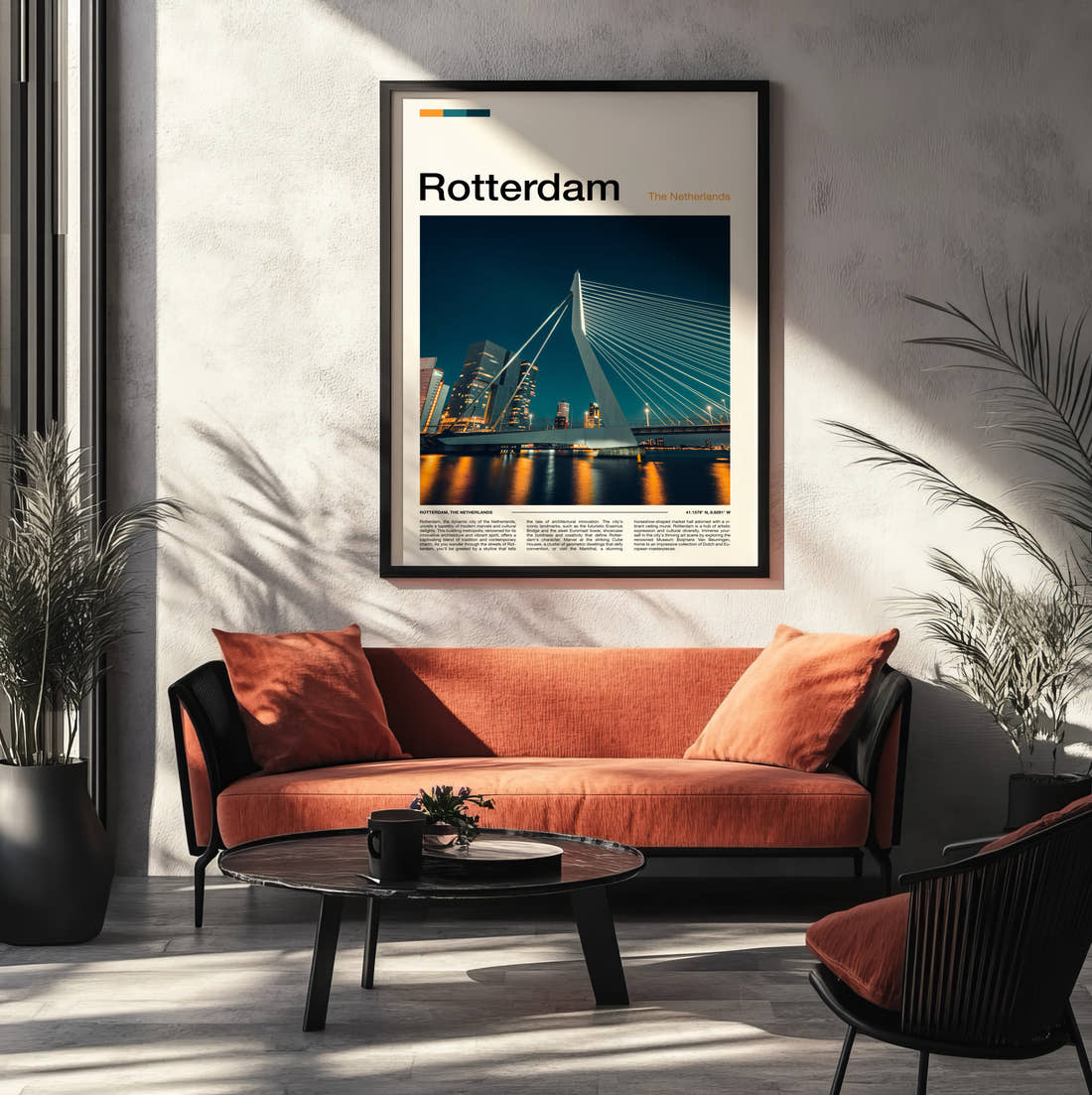 Rotterdam Erasmusbrug At Night Travel Print framed on the wall of a modern living room