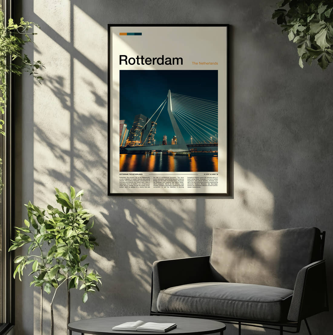 Rotterdam Erasmusbrug At Night Travel Print framed on the wall of a relaxed living room