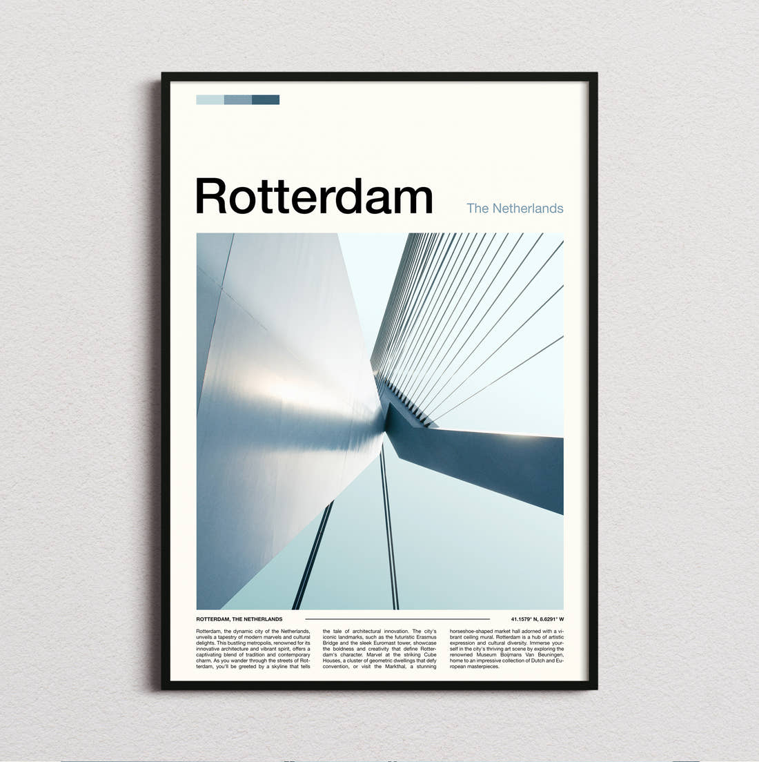 Rotterdam Erasmusbrug Pylon Travel Print framed and photographed straight on