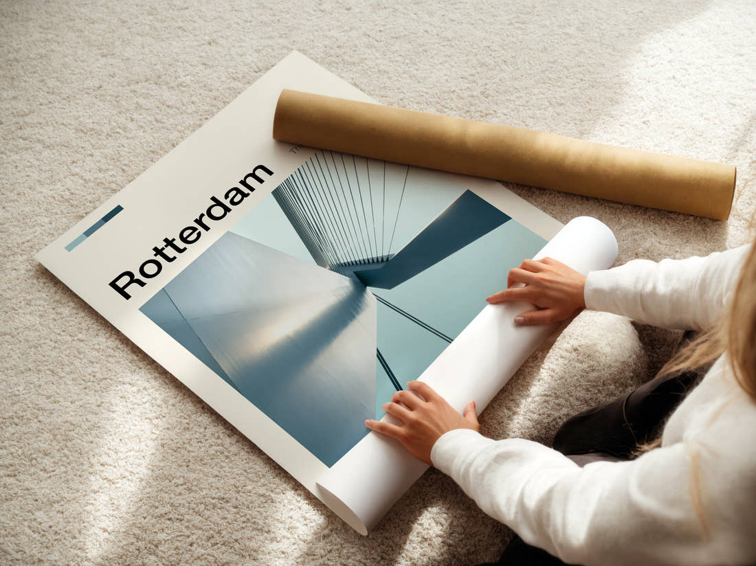 Rotterdam Erasmusbrug Pylon Travel Print being unrolled from its postal tube