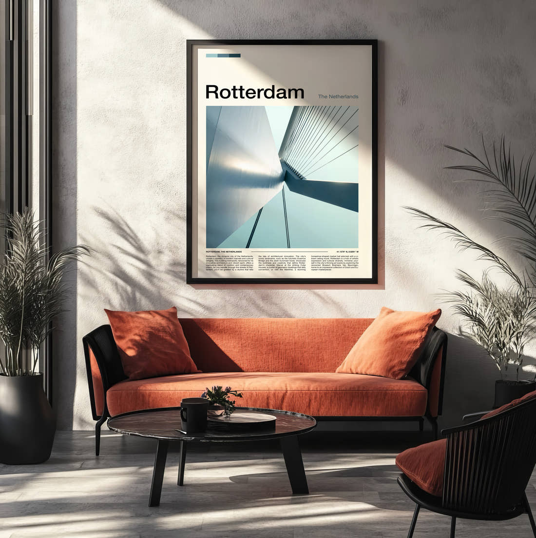 Rotterdam Erasmusbrug Pylon Travel Print framed on the wall of a modern living room