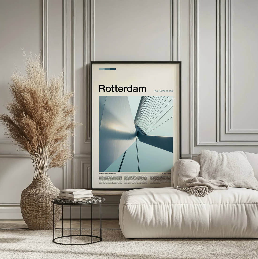 Rotterdam Erasmusbrug Pylon Travel Print framed on the wall of a calm, neutral bedroom