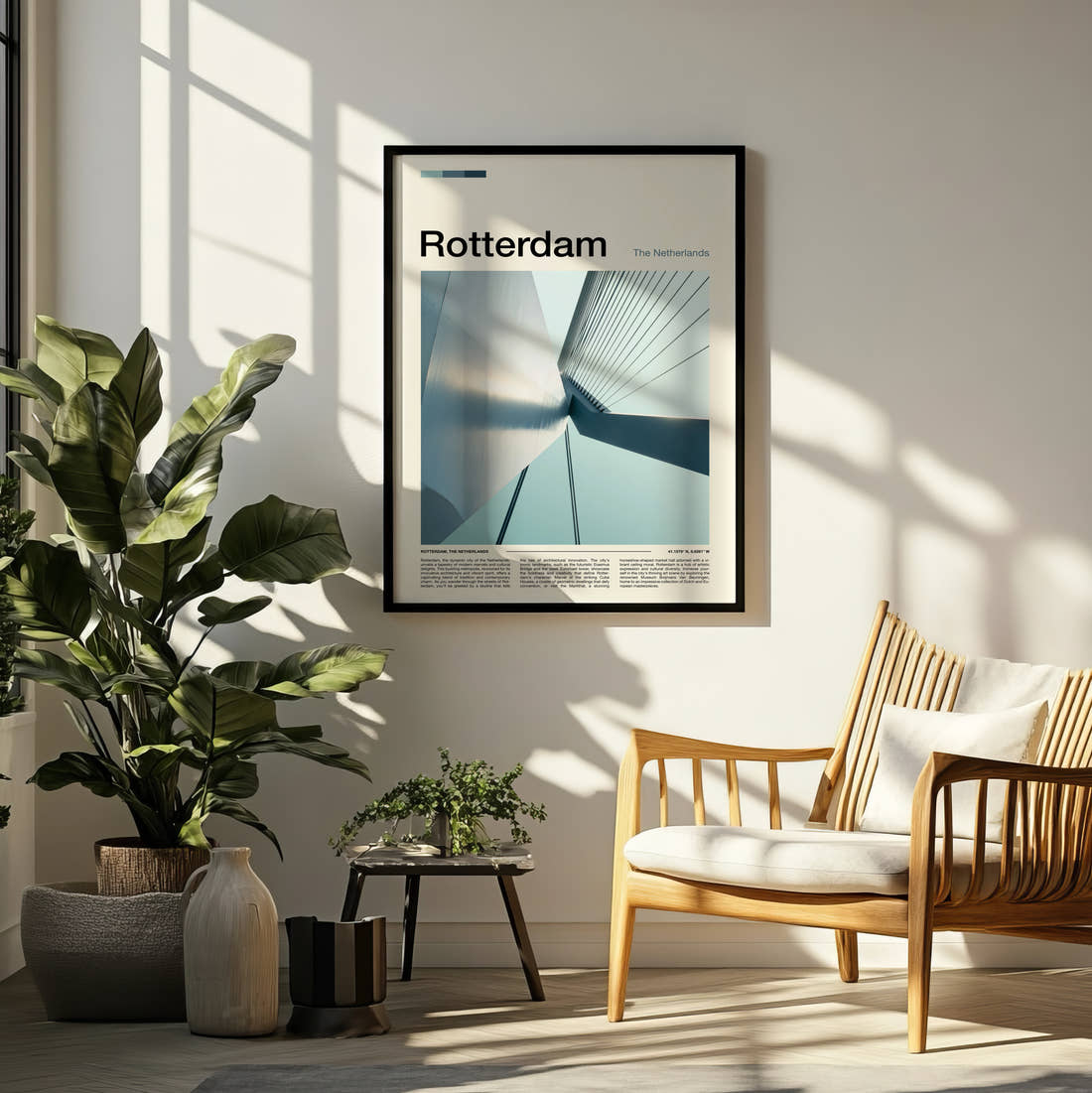 Rotterdam Erasmusbrug Pylon Travel Print framed on a pale wall beside houseplants