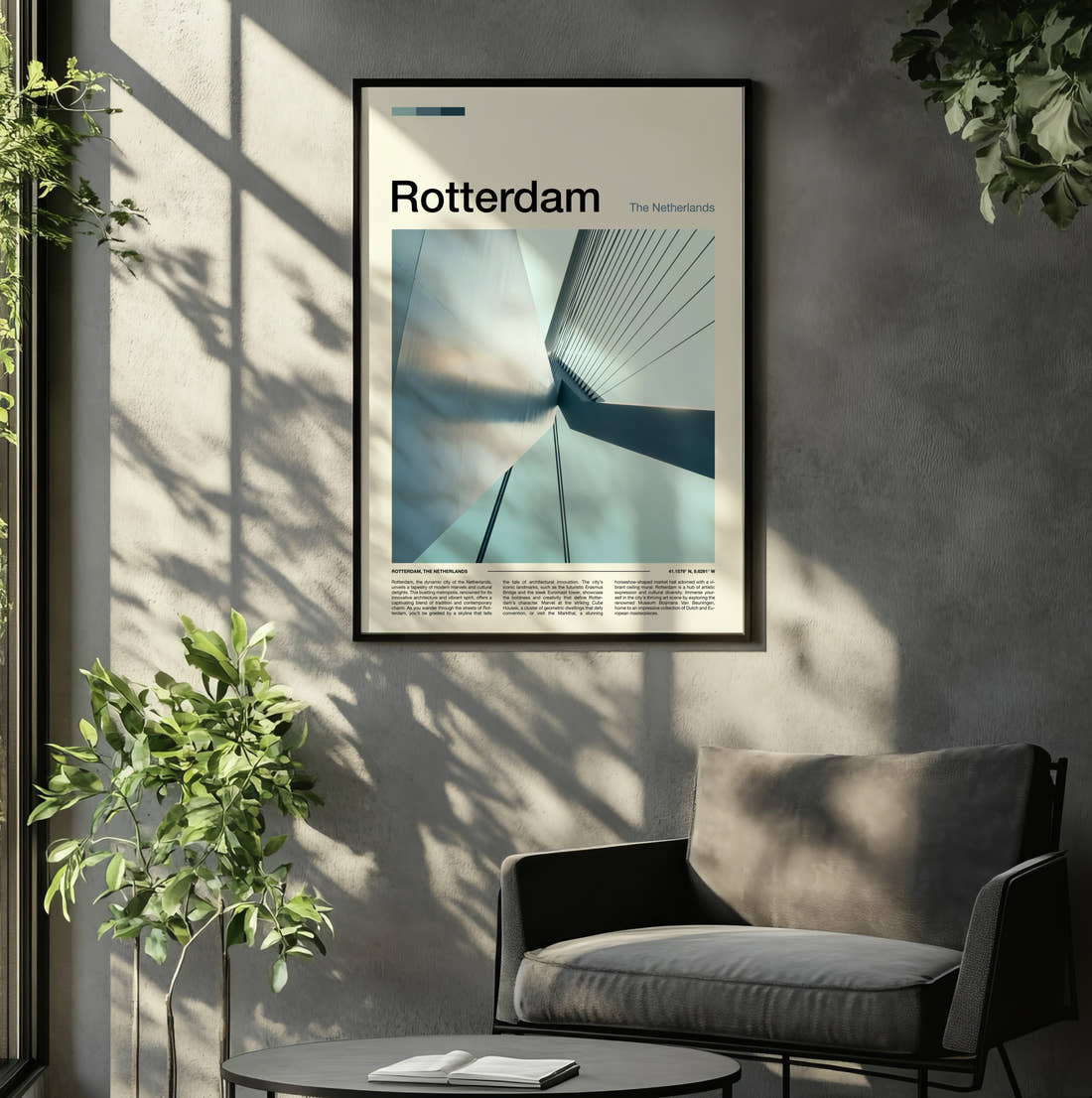 Rotterdam Erasmusbrug Pylon Travel Print framed on the wall of a relaxed living room