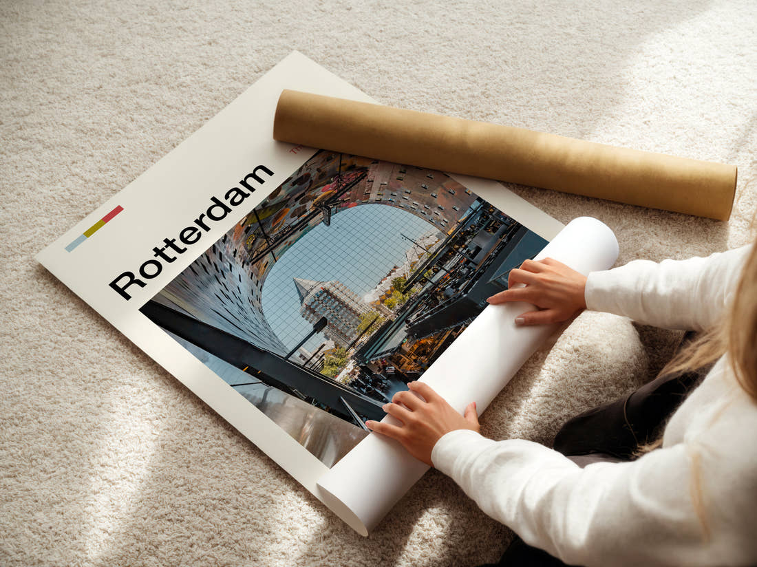 Rotterdam Markthal Interior Travel Print being unrolled from its postal tube