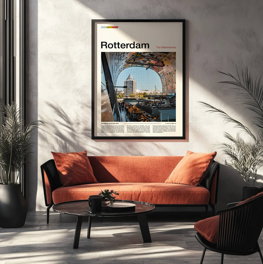 Rotterdam Markthal Interior Travel Print framed on the wall of a modern living room