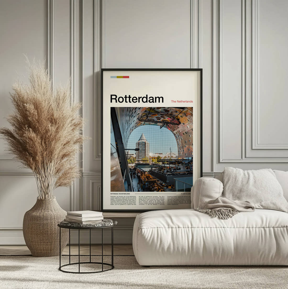 Rotterdam Markthal Interior Travel Print framed on the wall of a calm, neutral bedroom