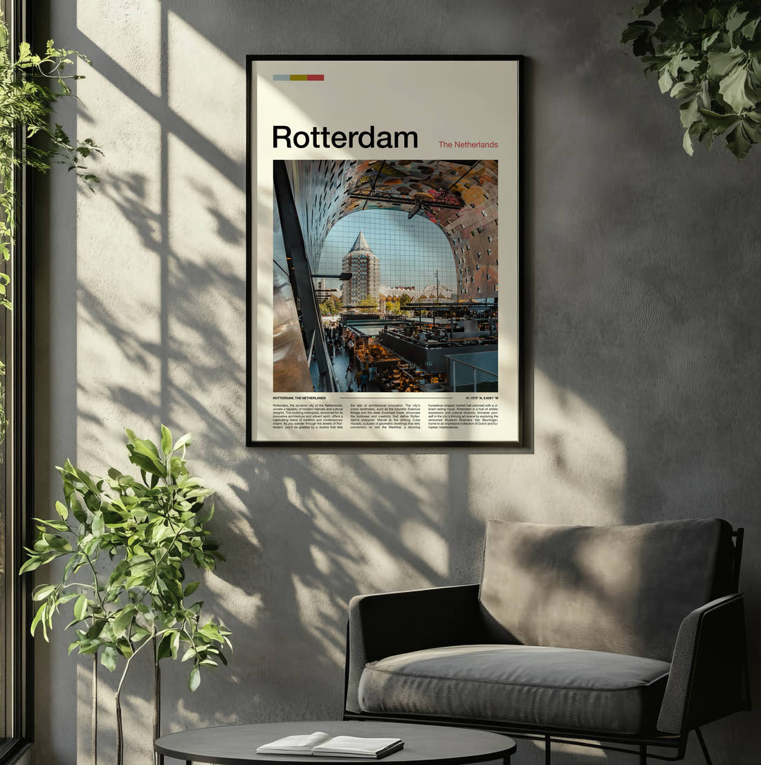 Rotterdam Markthal Interior Travel Print framed on the wall of a relaxed living room
