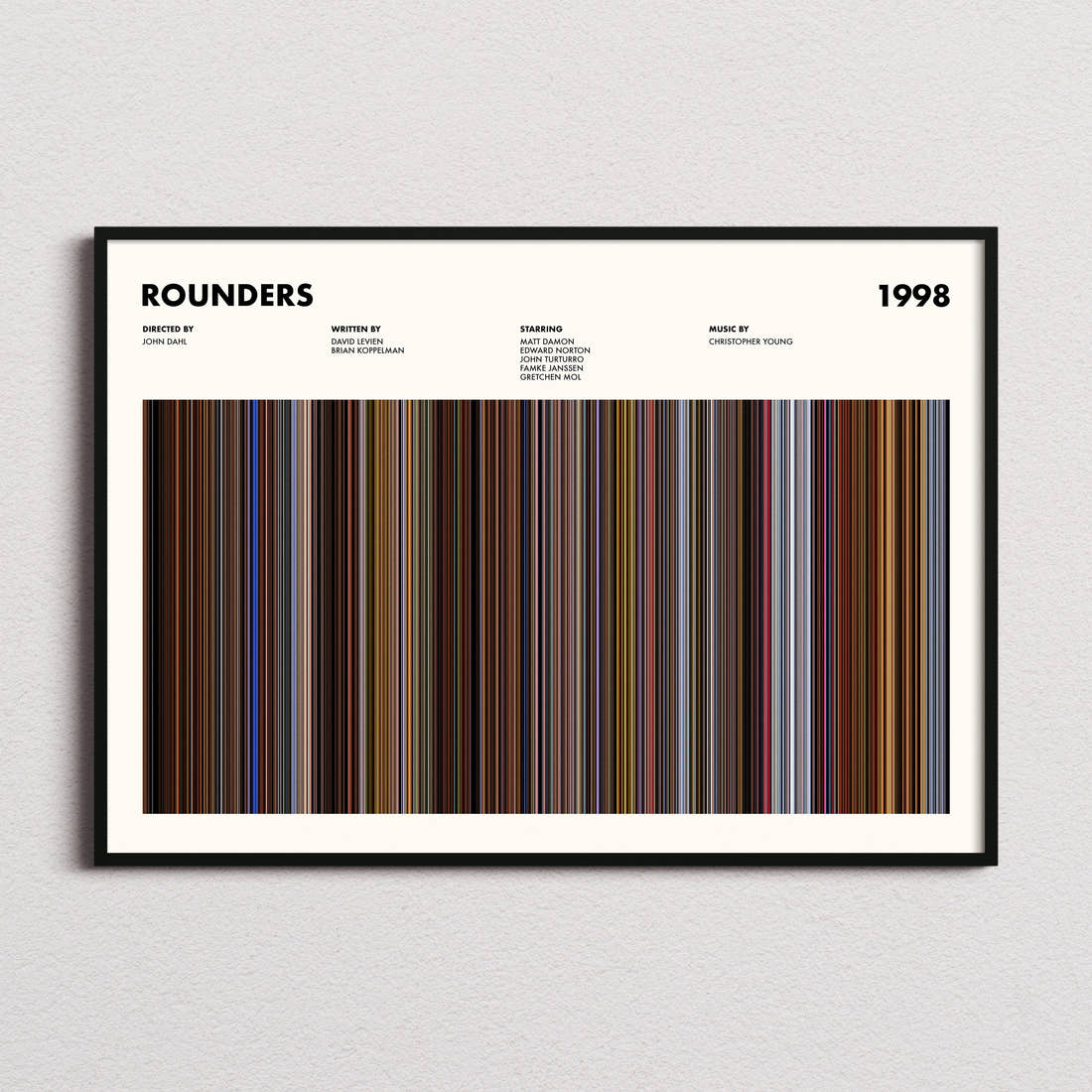 Rounders Movie Barcode Poster framed and photographed straight on